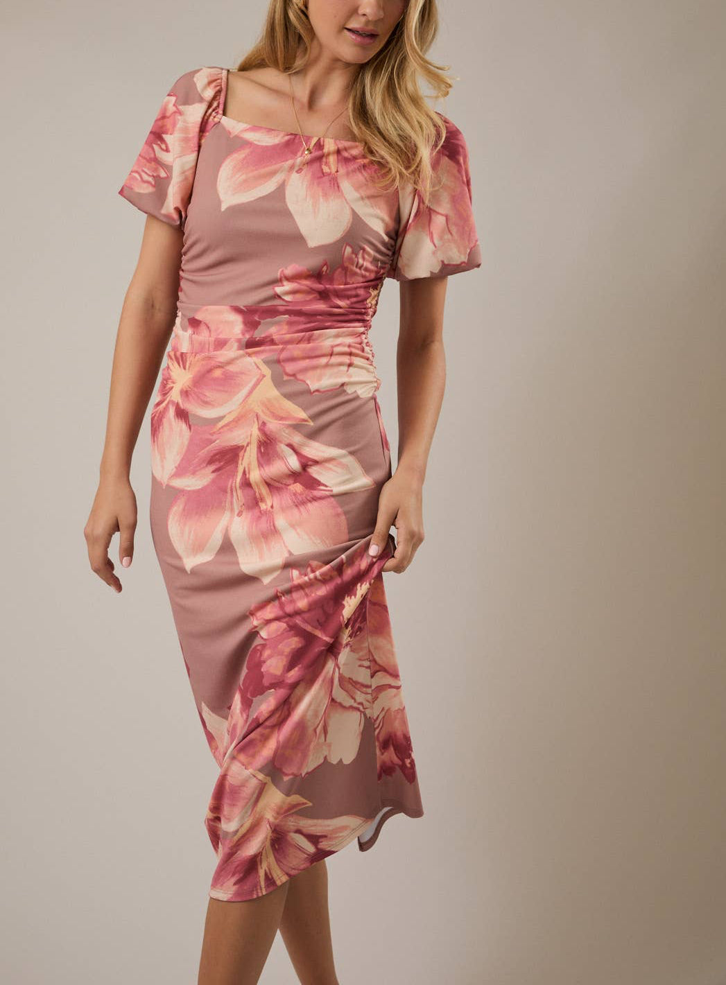 Bubble Sleeve Floral Midi Dress