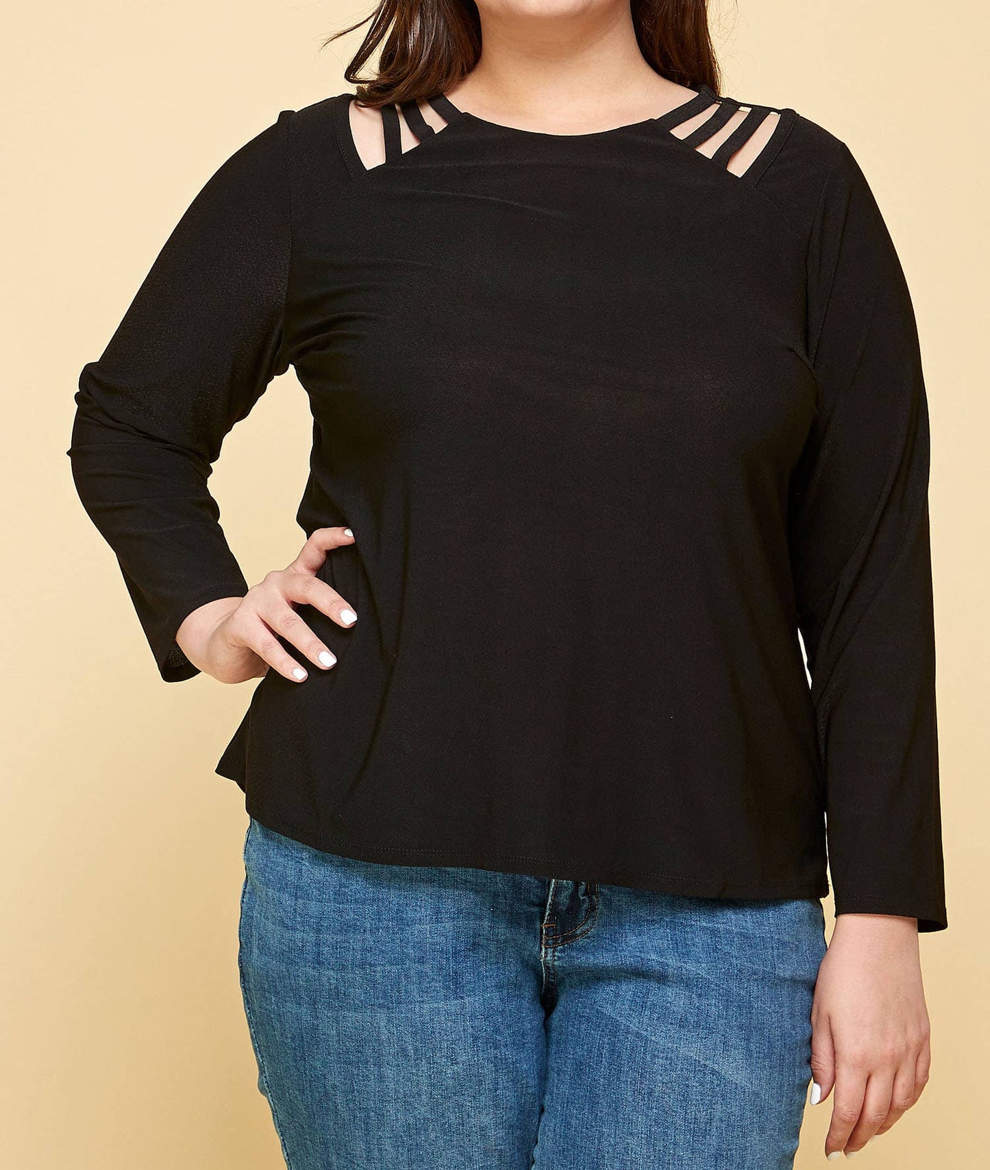 PLUS SIZE LONG SLEEVE BLACK CAGE SHOULDER TOP