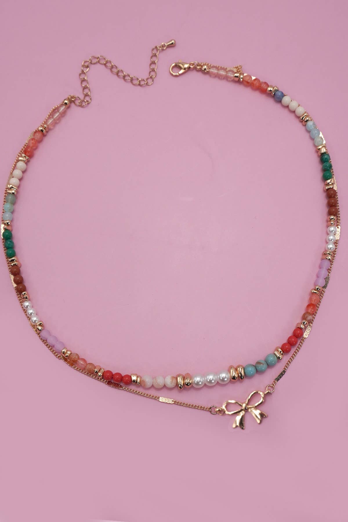 MULTI BEADED BOW CHARM DOUBLE LAYER NECKLACE