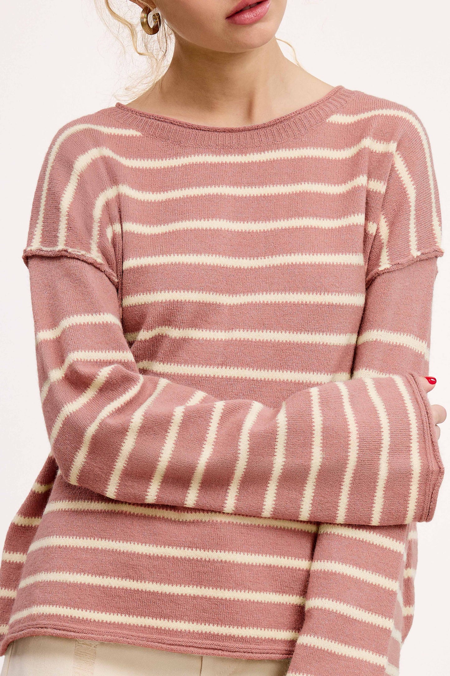 Striped Round Neck Loose Fit Long Sleeve Sweater
