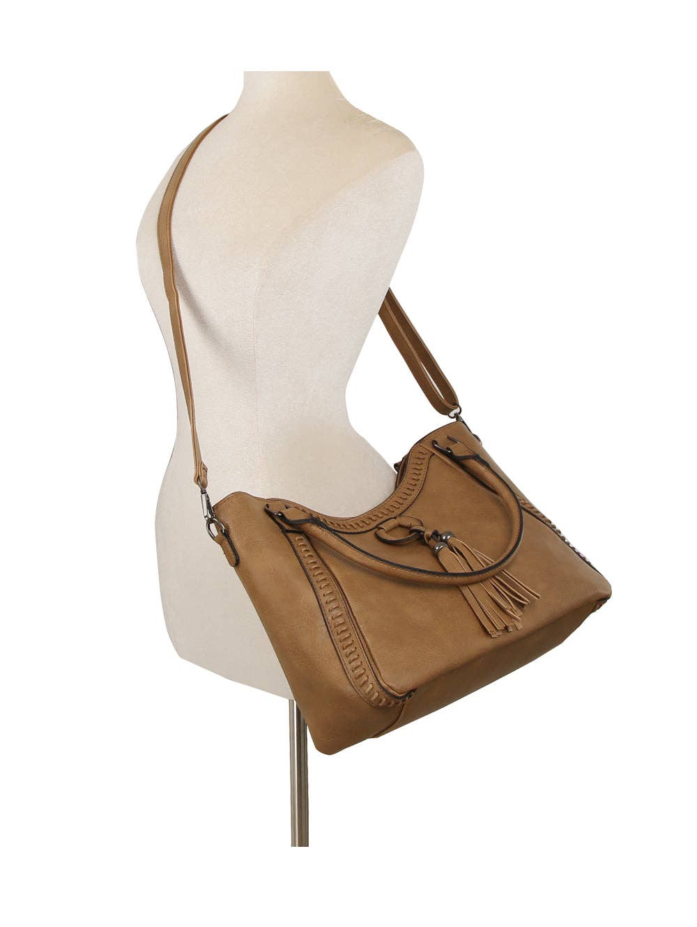 Whipstitch Tassel Bead Accented Shoulder Tote