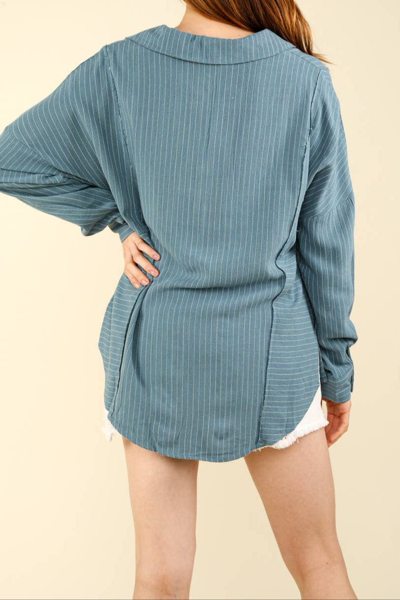 Oversized Striped Linen Collared Shirt Top