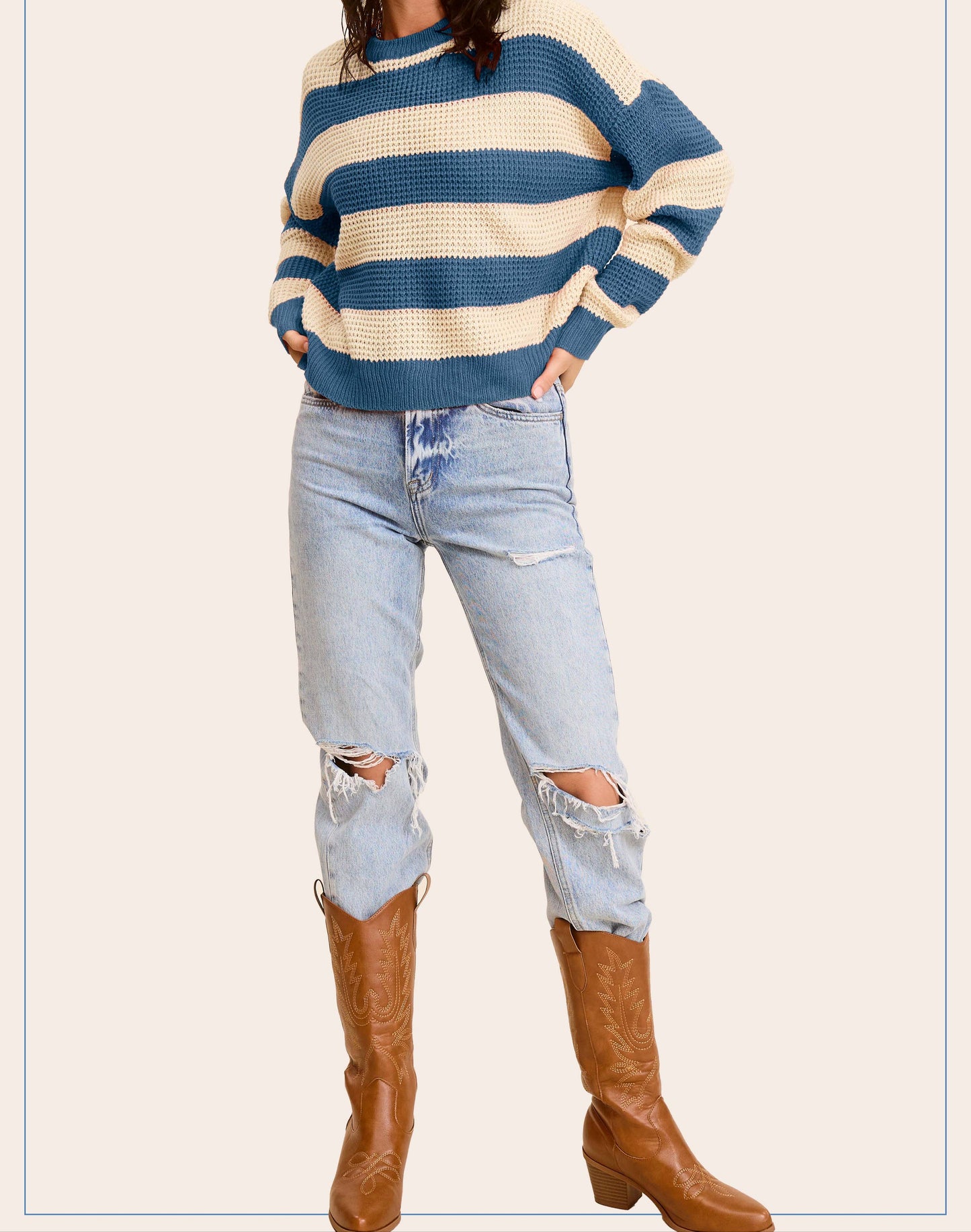 Loose Fit Striped Round Neck Long Sleeve Sweater