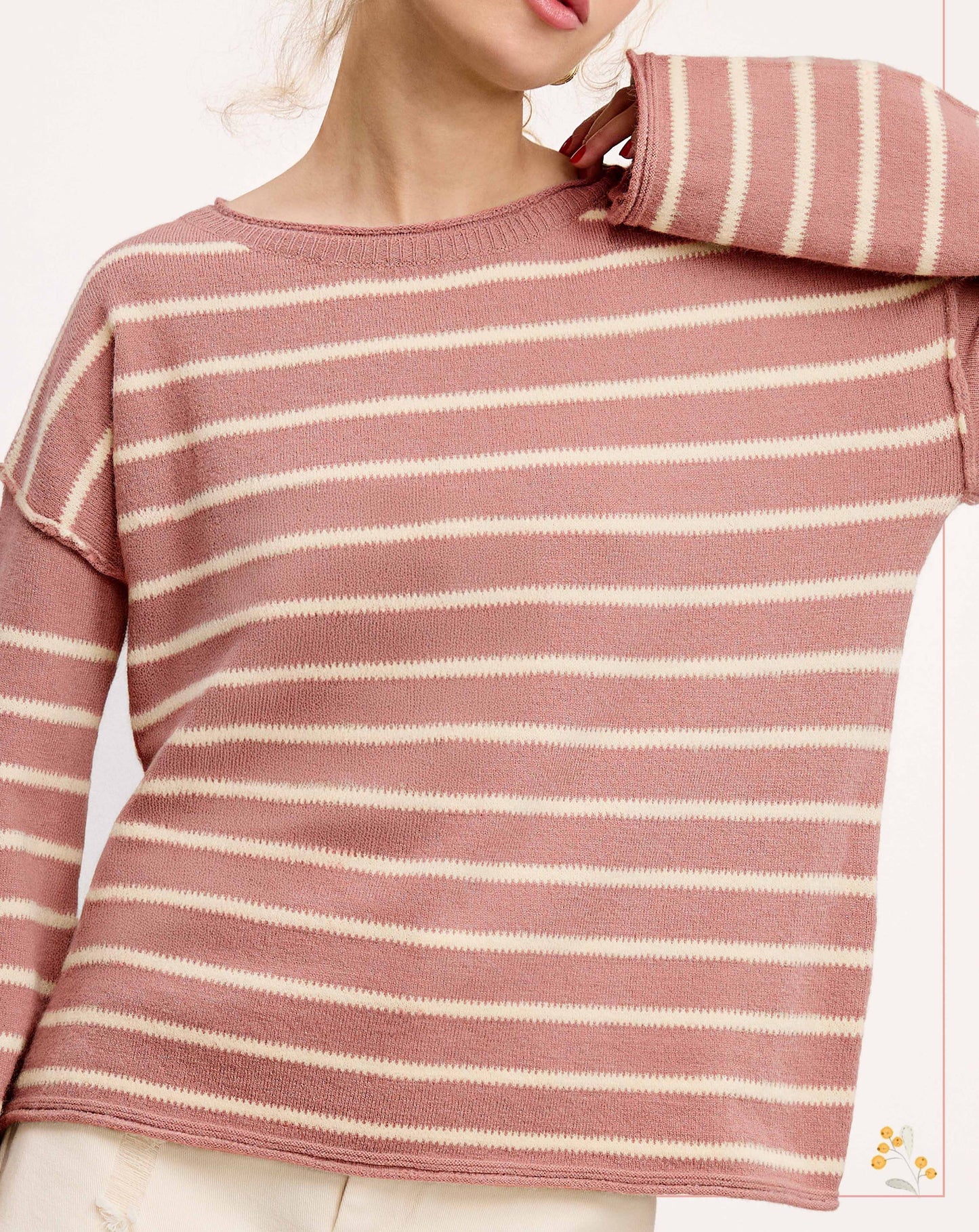 Striped Round Neck Loose Fit Long Sleeve Sweater