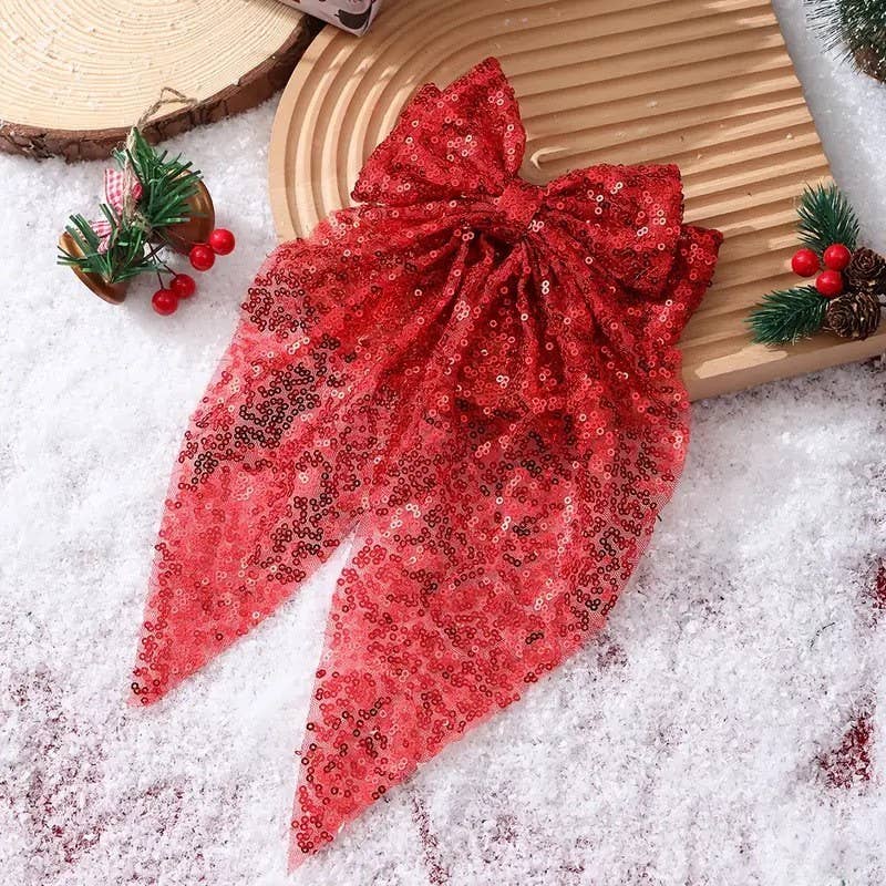 CHRISTMAS SEQUIN ORGANZA BOW RIBBON HAIR CLIPS