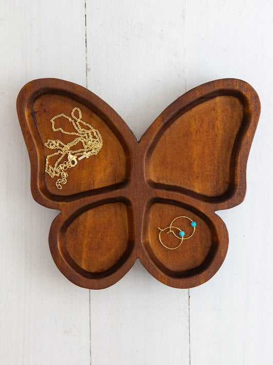 Butterfly Carved Wood Trinket Dish