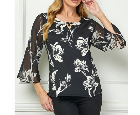 VINTAGE BLOSSOM KEYHOLE NECKLINE KNIT BLOUSE