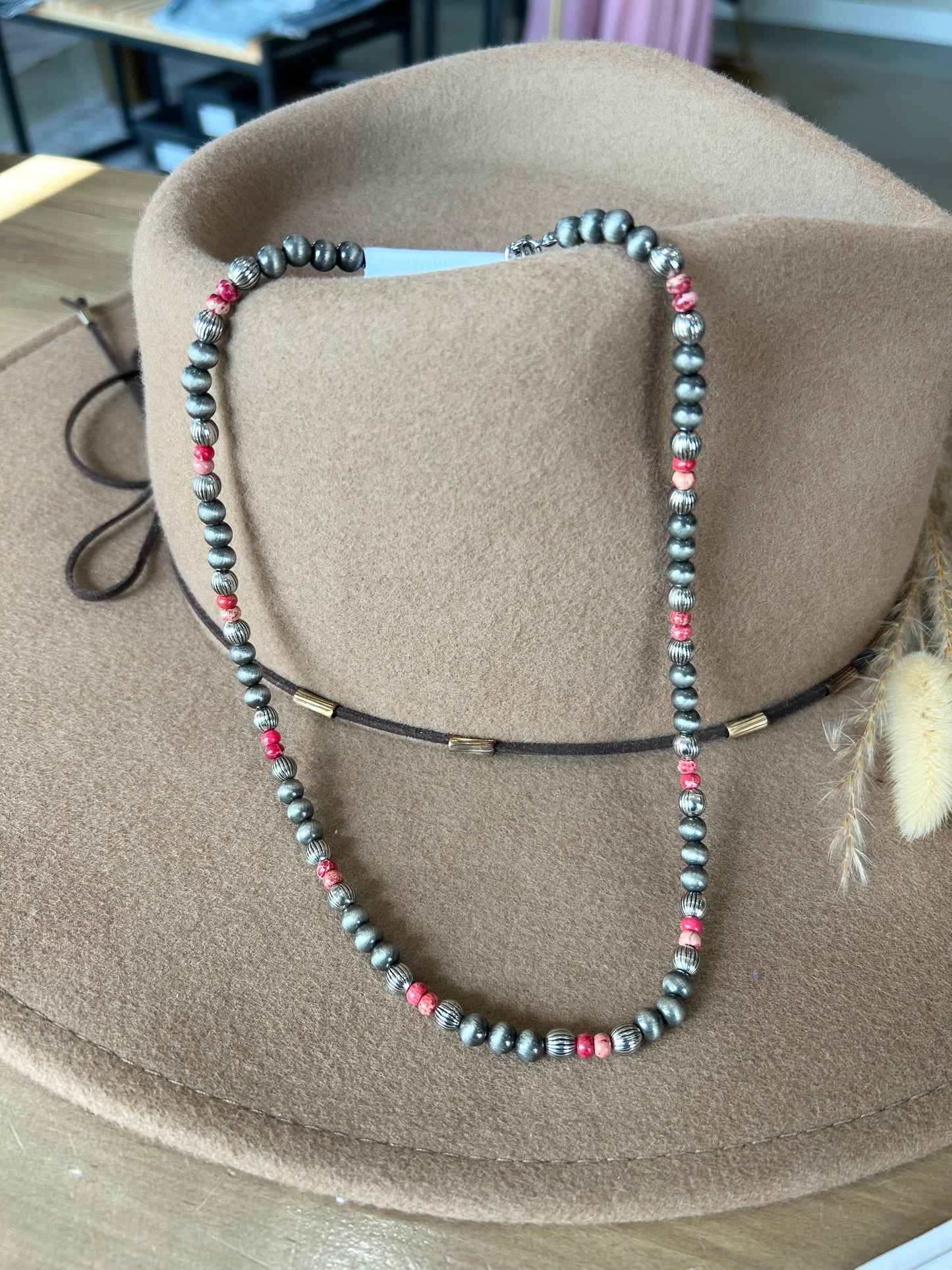 Western Pink Coral Accent Beaded Necklace