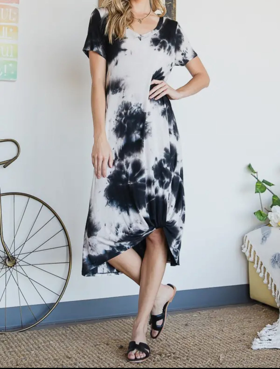 Front Twist Short Sleeve Tie Dye Midi Dress