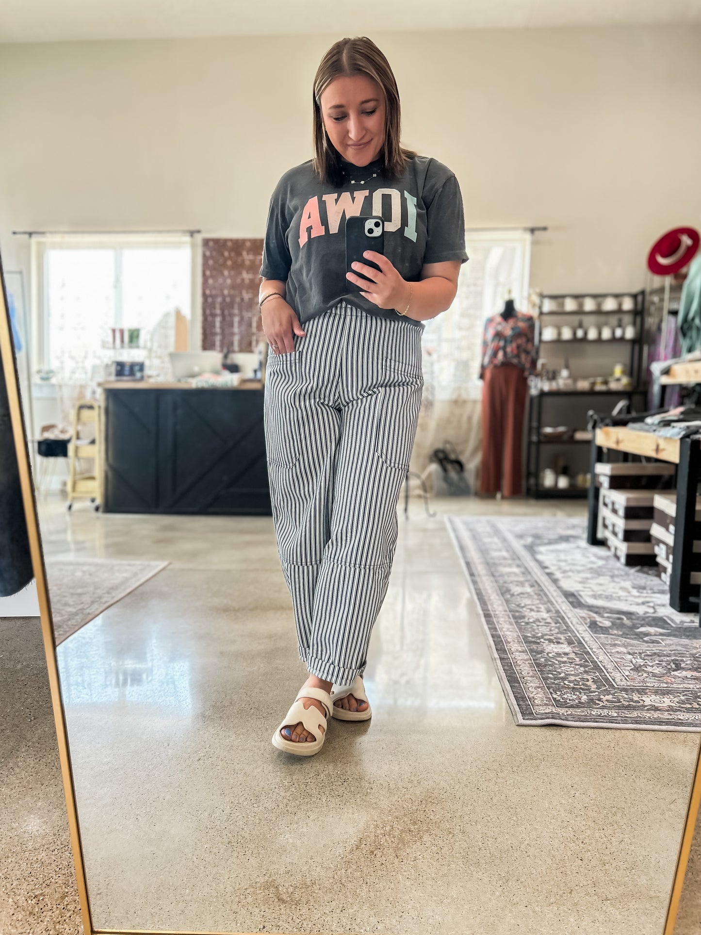 STRIPE POCKET DETAIL WIDE LEG PANTS