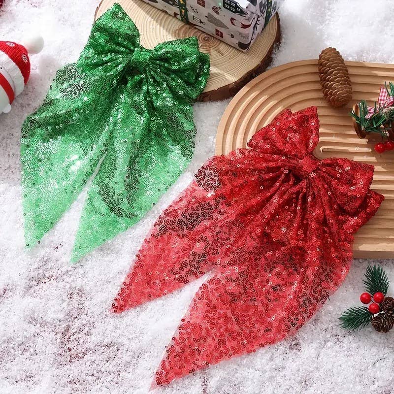 CHRISTMAS SEQUIN ORGANZA BOW RIBBON HAIR CLIPS
