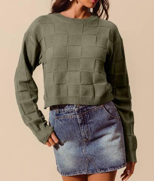 Checker Pattern Knitted Round Neck Sweater