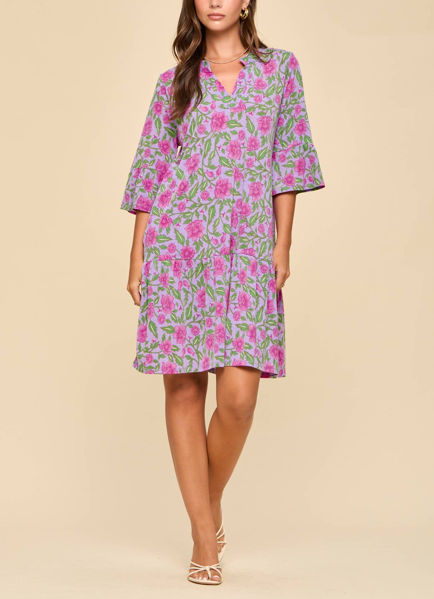 Floral Print Shirred Tiered 3/4 Sleeve Dress