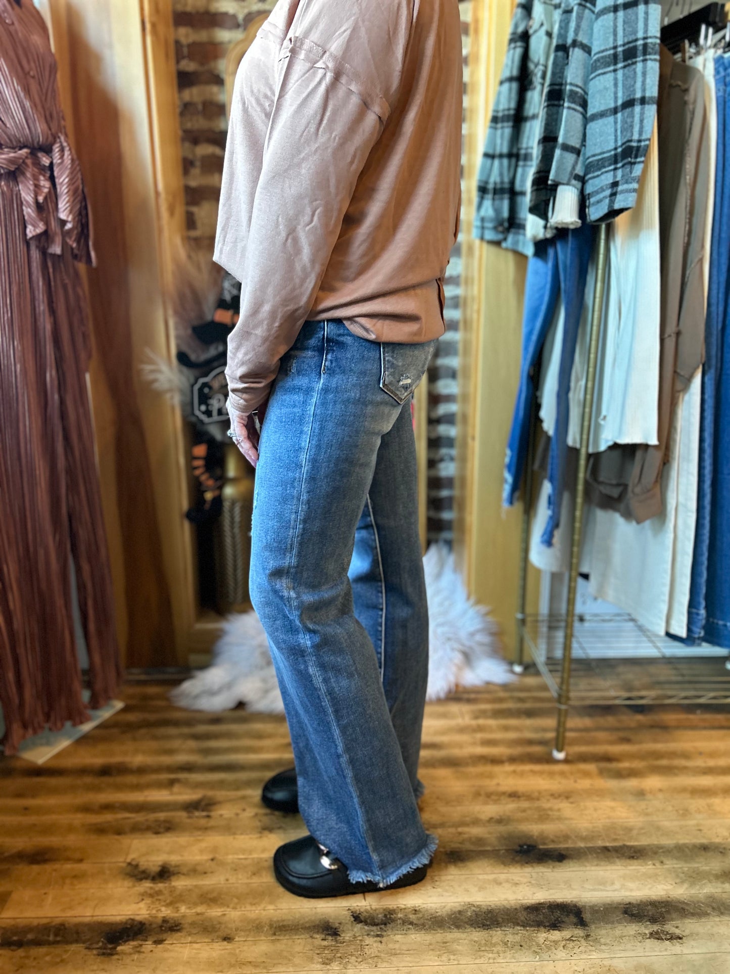 Risen Mid Rise Long Straight Jeans