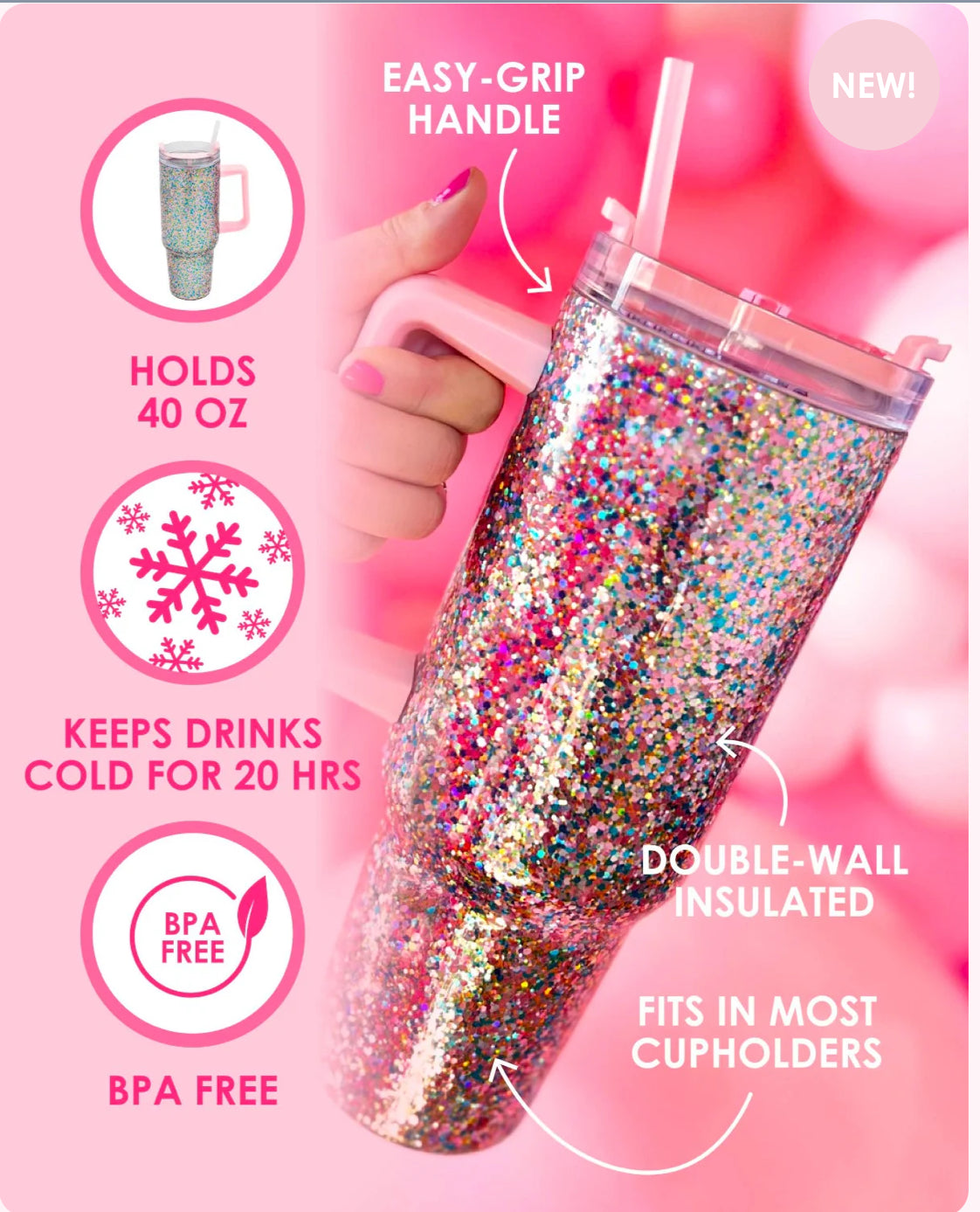 Glitter Stainless Steel Insulated Oversized Sipper Tumbler with Straw