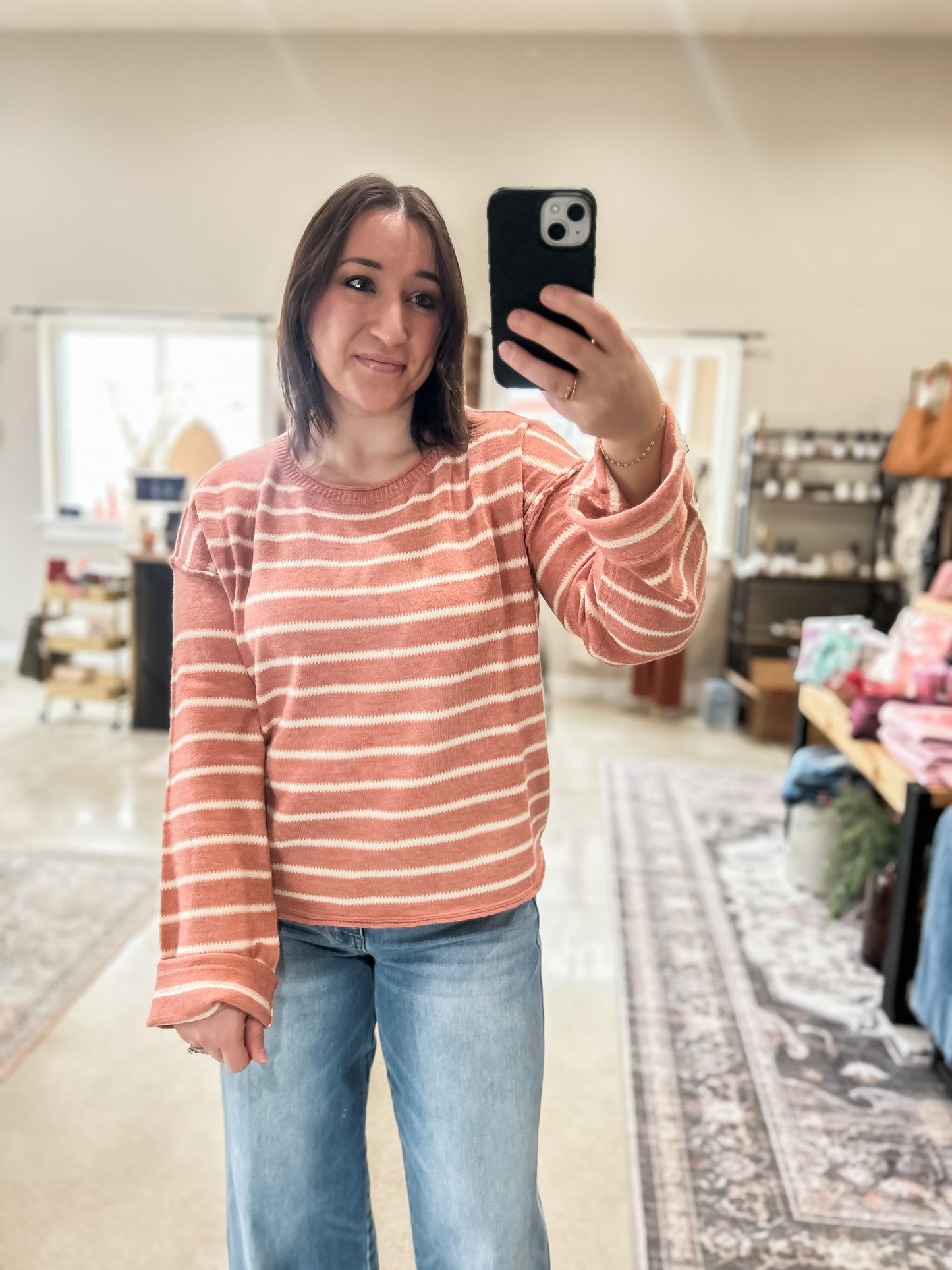 Striped Round Neck Loose Fit Long Sleeve Sweater