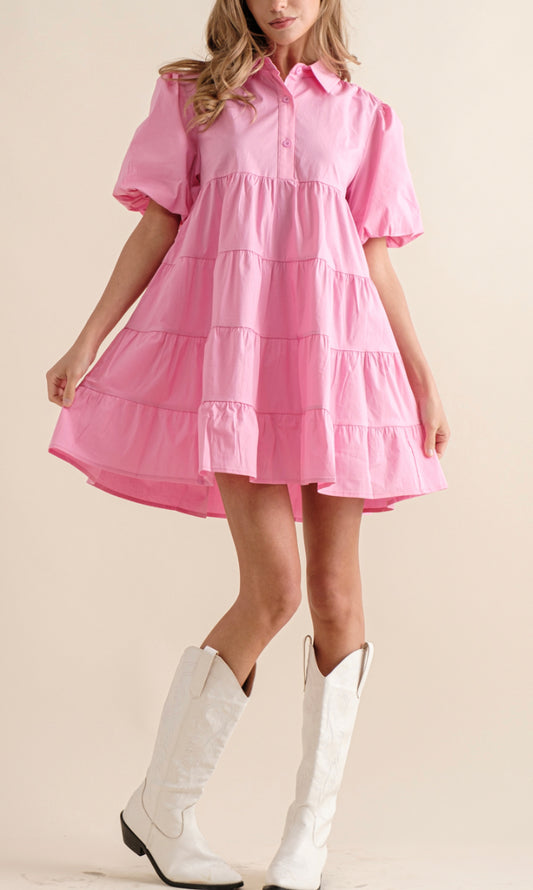 Button Up Tiered Puff SLV Shirt Dress