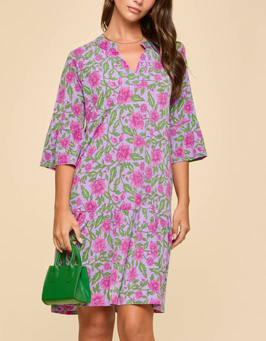 Floral Print Shirred Tiered 3/4 Sleeve Dress