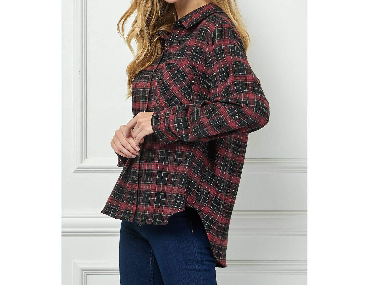 PLAID FLANNEL ROLL SLEEVES  COLLAR NECK SHIRTS