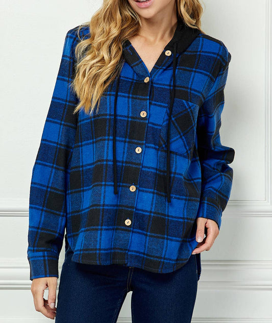 BUTTON-DOWN LONG SLEEVE HOODIE PLAID SHACKET