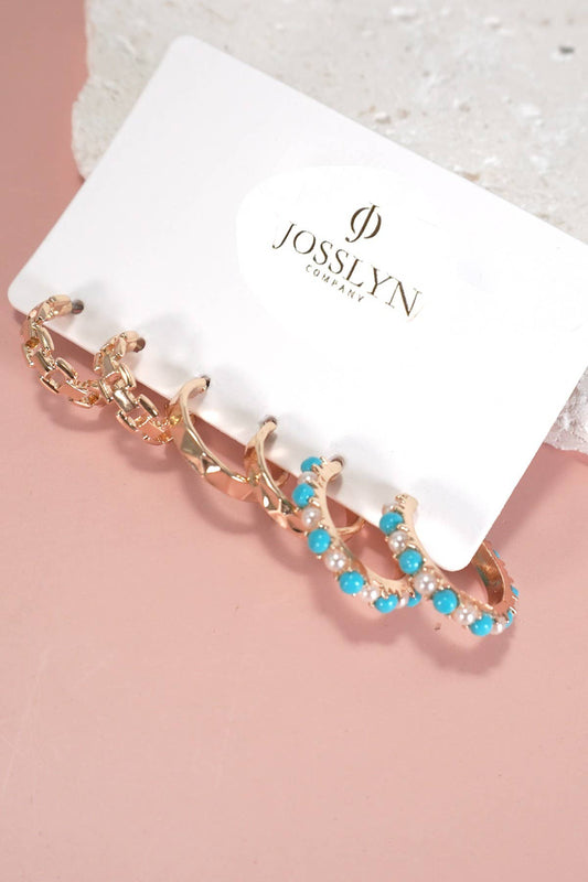 LINK DIAMOND CUT TURQ PEARL TRIO HOOP EARRING SETS