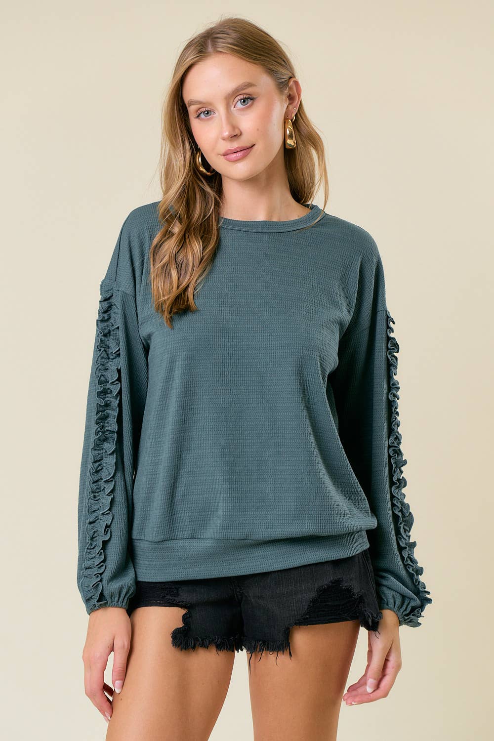 Textured Knit Ruffled Long Sleeve Top