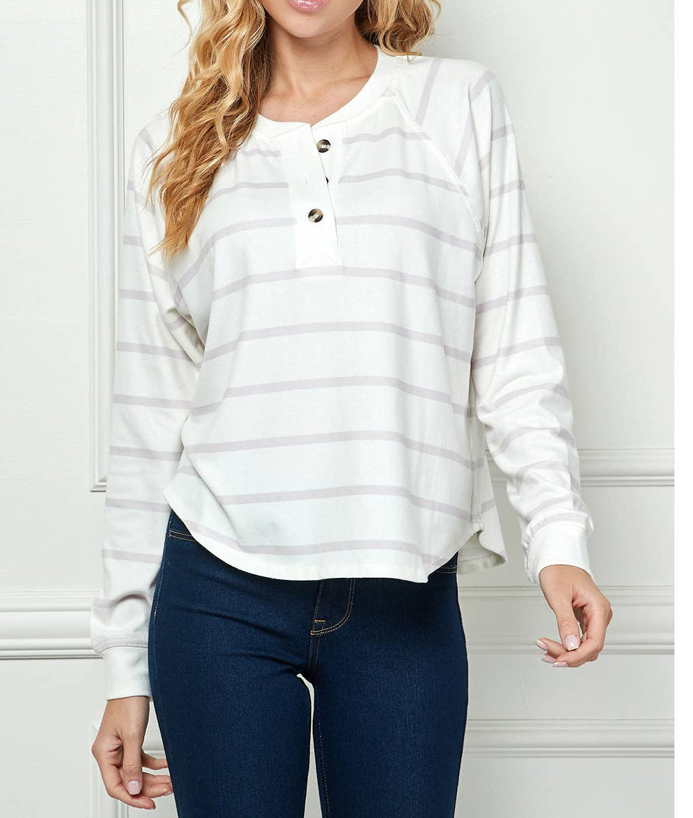LONG SLEEVE STRIPED KNIT TOP WITH BUTTON KTP114536-E-SL
