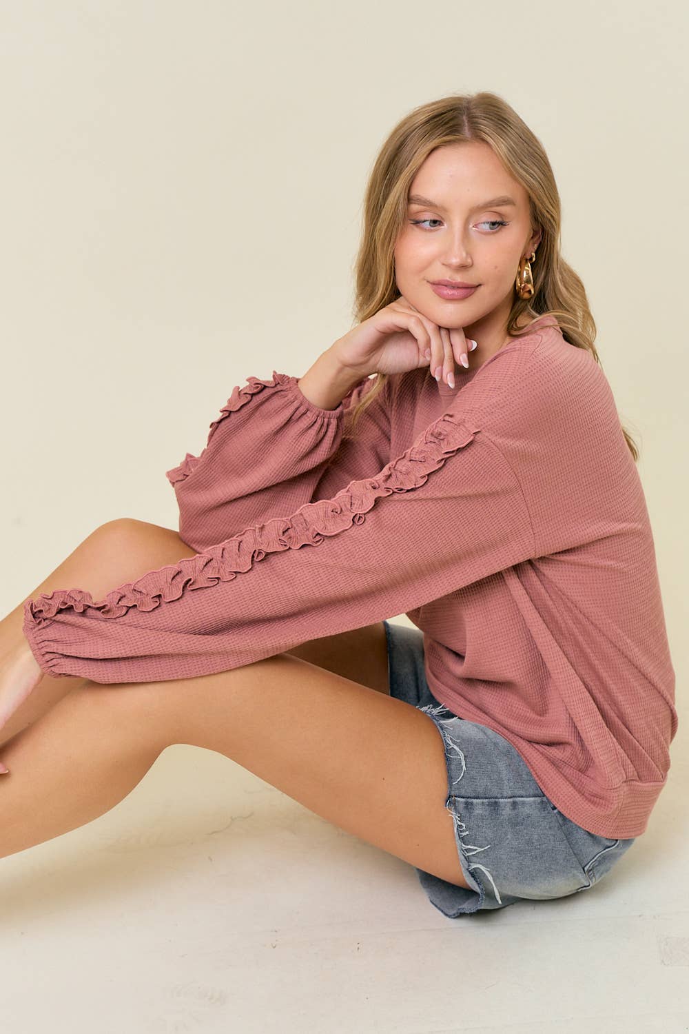 Textured Knit Ruffled Long Sleeve Top