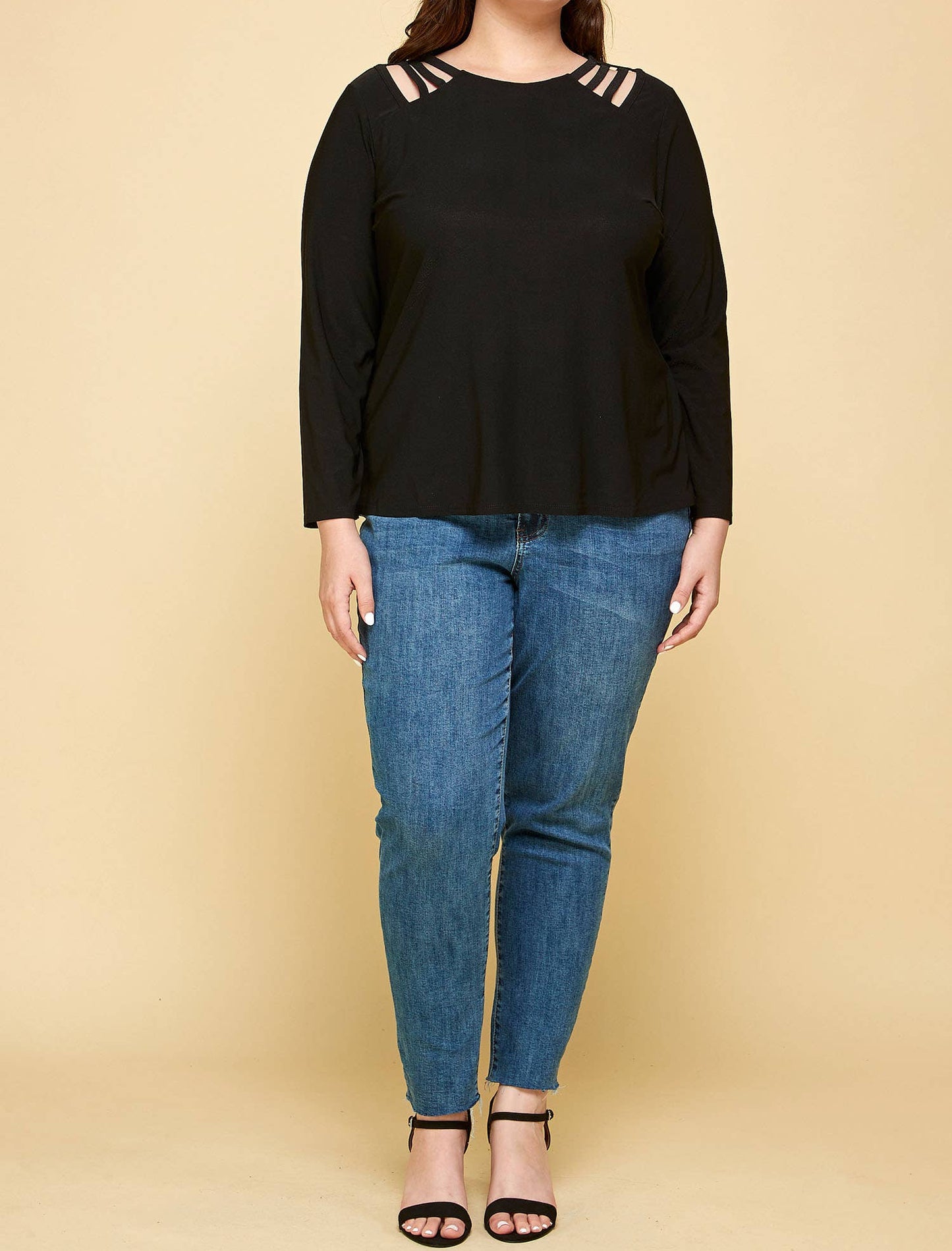 PLUS SIZE LONG SLEEVE BLACK CAGE SHOULDER TOP