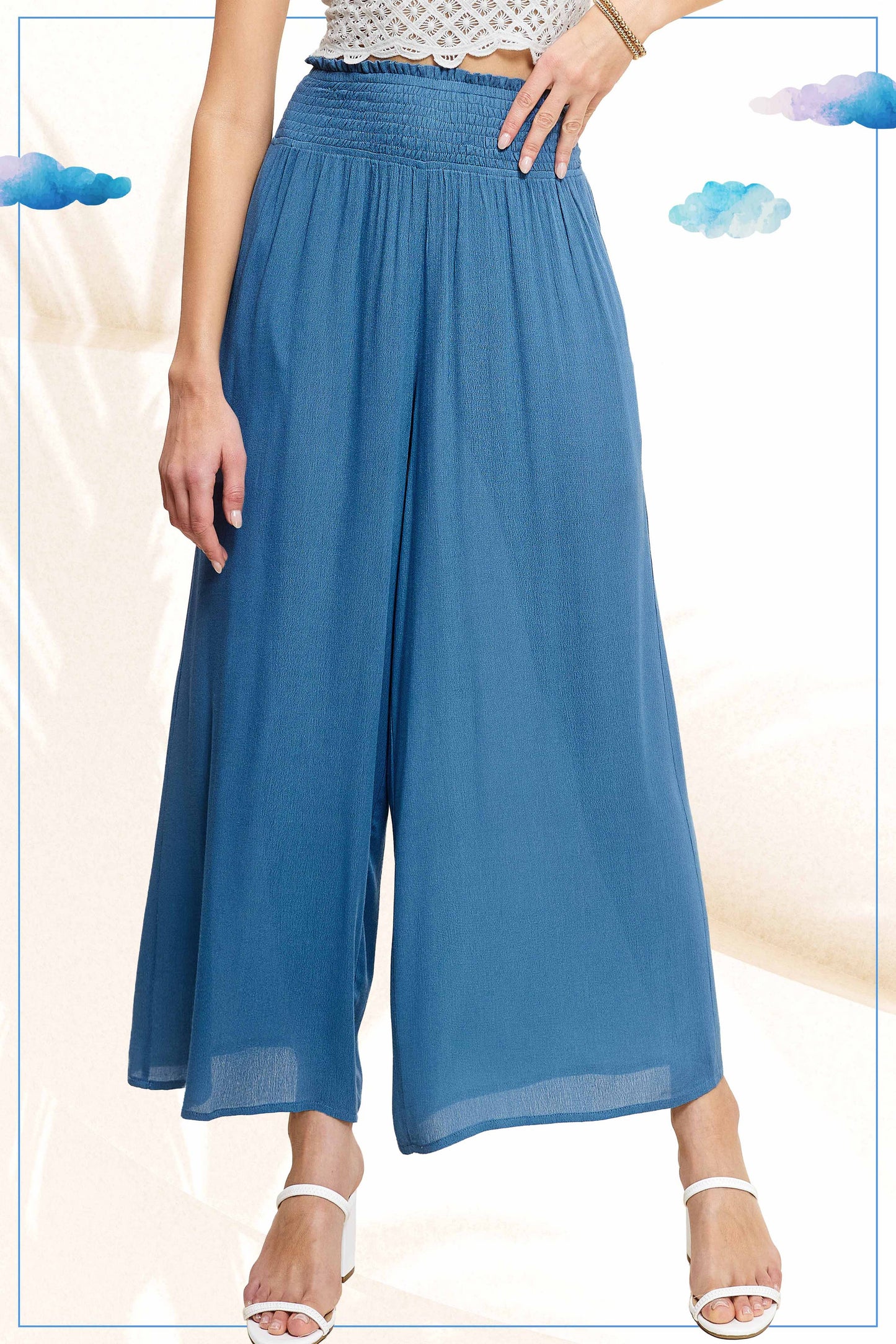 Wide Leg Smocked Waist Spring Summer Pants