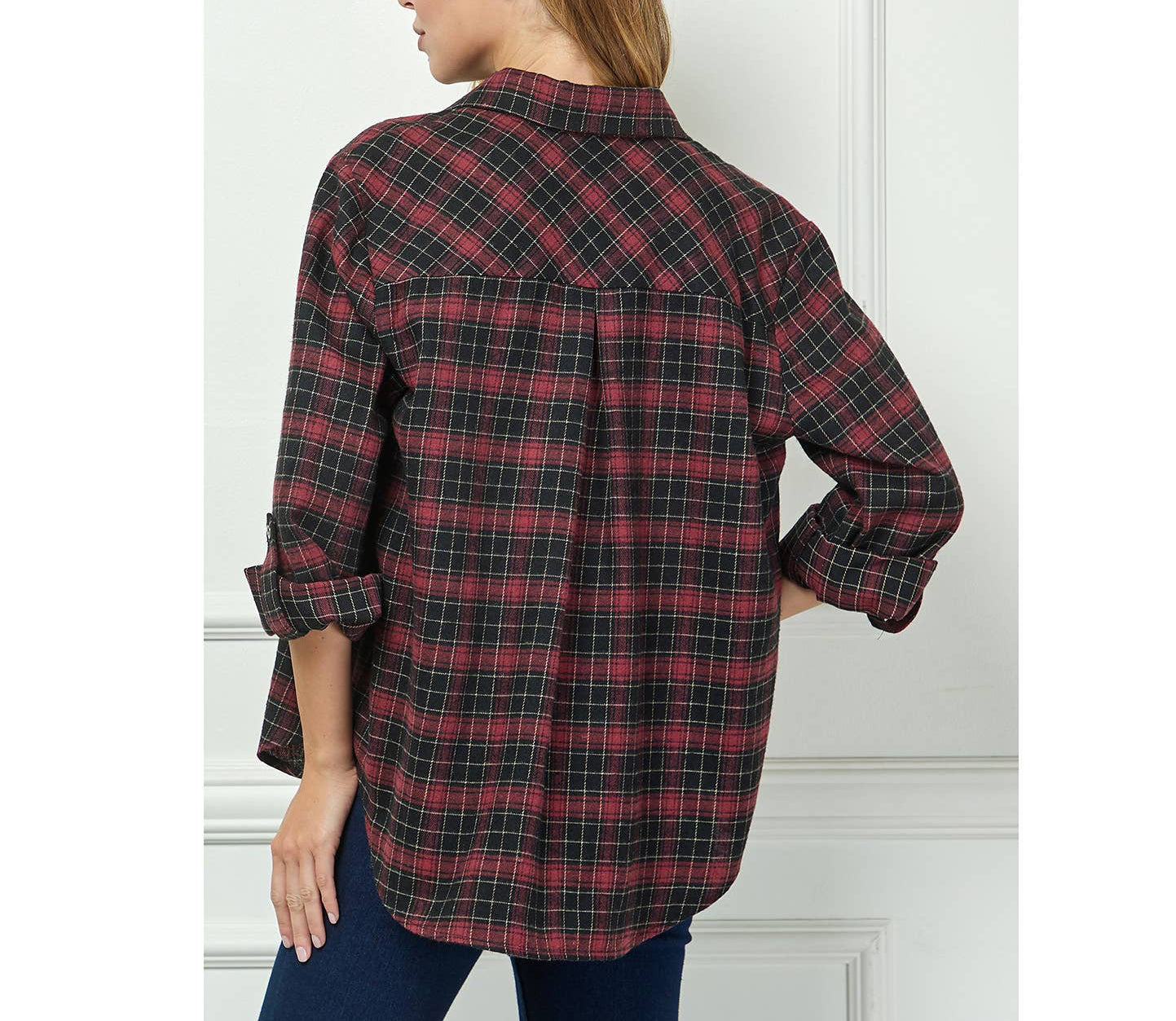 PLAID FLANNEL ROLL SLEEVES  COLLAR NECK SHIRTS