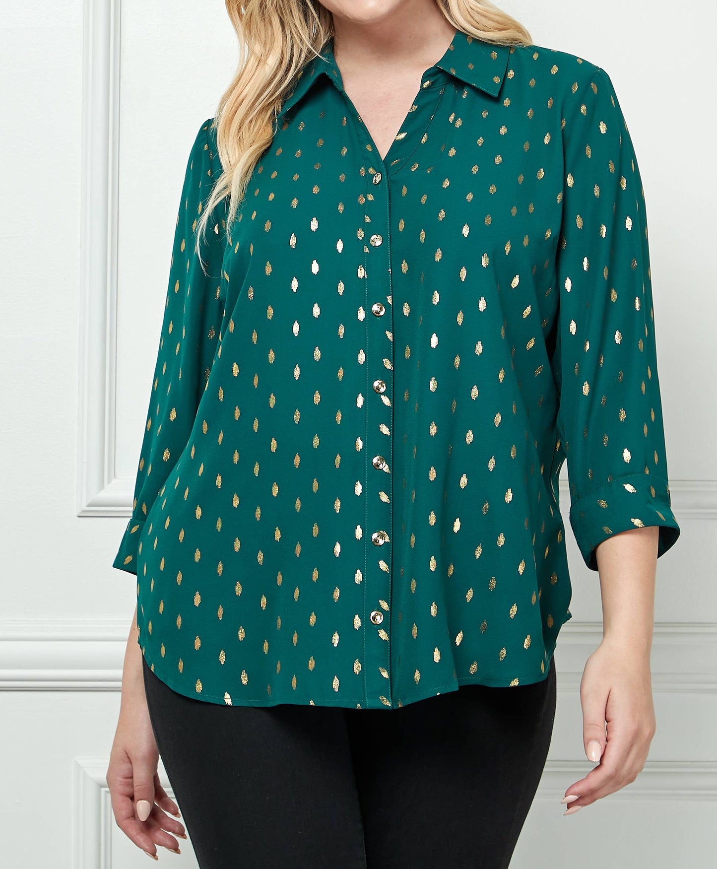 PLUS SIZE JOHNNY COLLAR BUTTON FRONT SHIRT