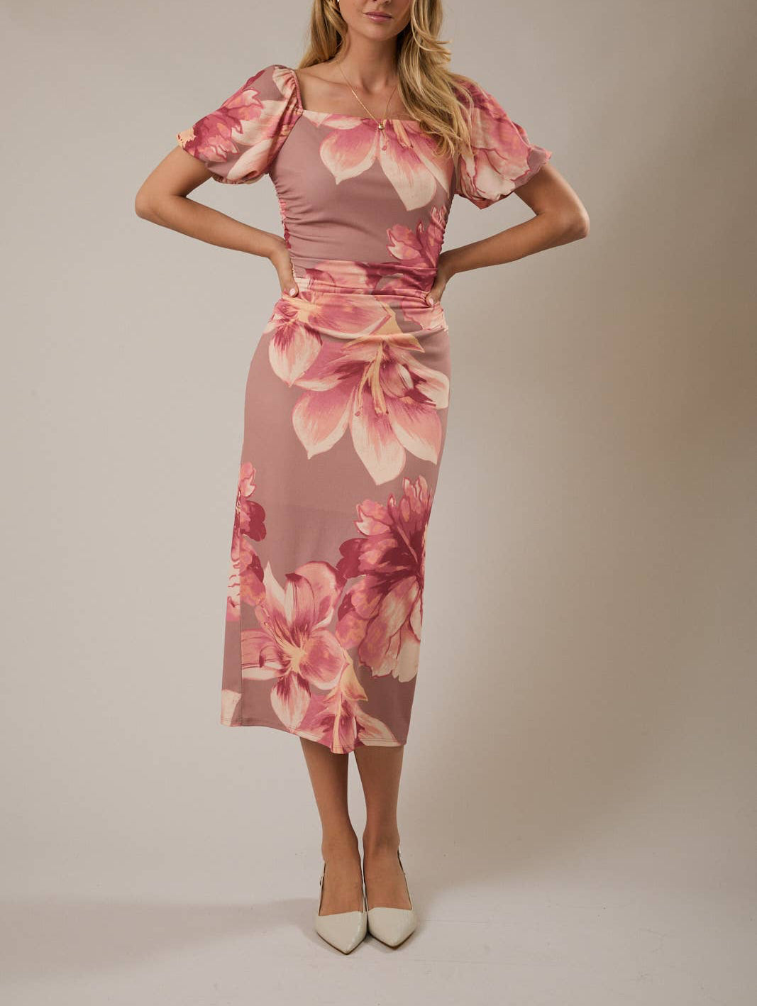 Bubble Sleeve Floral Midi Dress