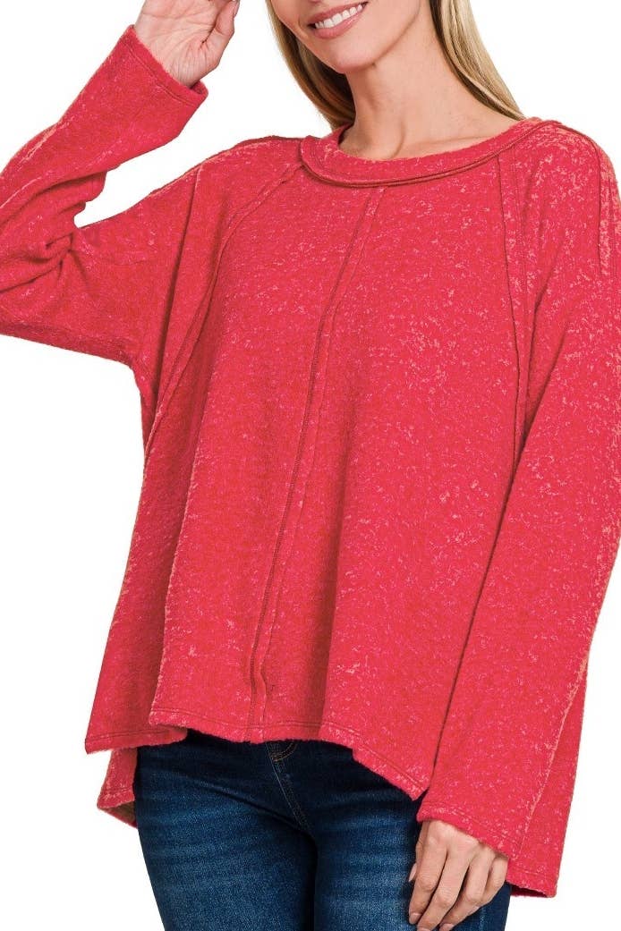 Plus Brushed Hacci Exposed Seam Hi Low Sweater