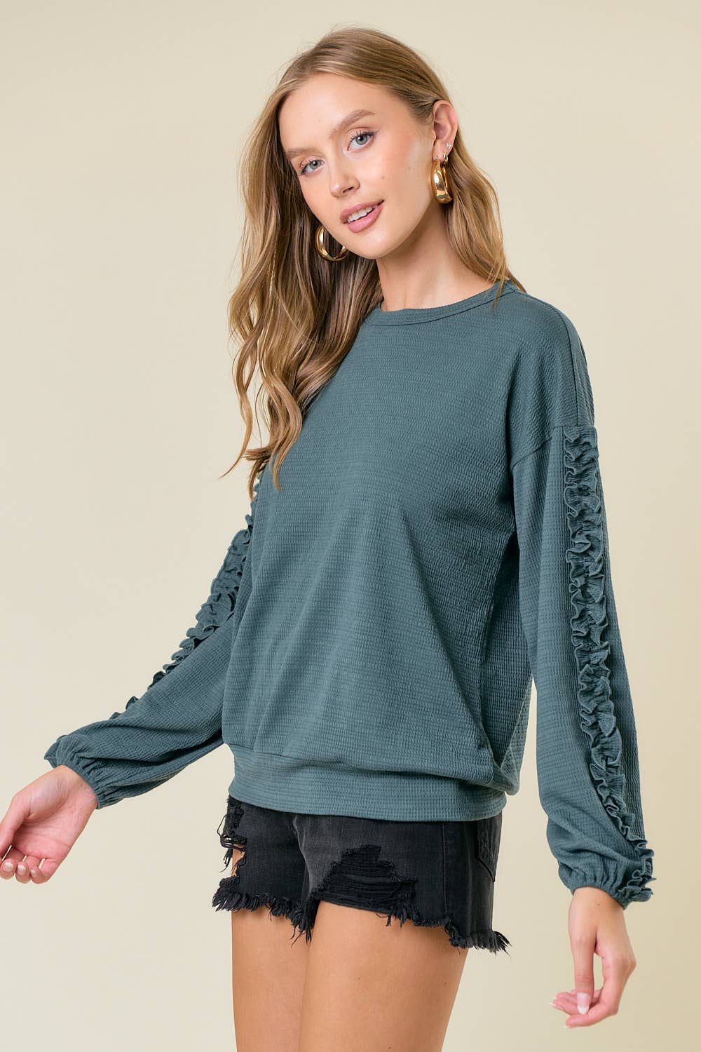 Textured Knit Ruffled Long Sleeve Top