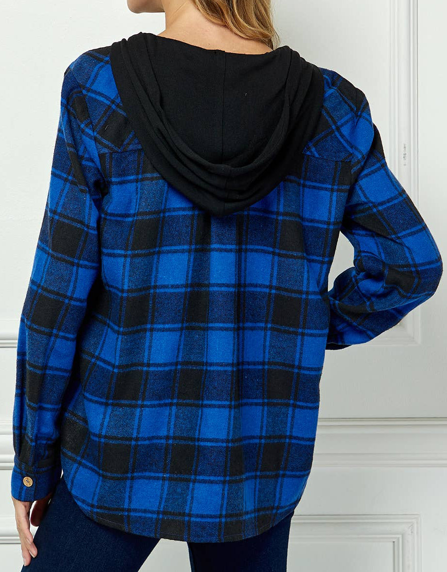 BUTTON-DOWN LONG SLEEVE HOODIE PLAID SHACKET