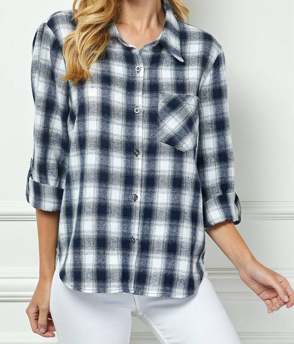 PLAID FLANNEL ROLL SLEEVES  COLLAR NECK SHIRTS