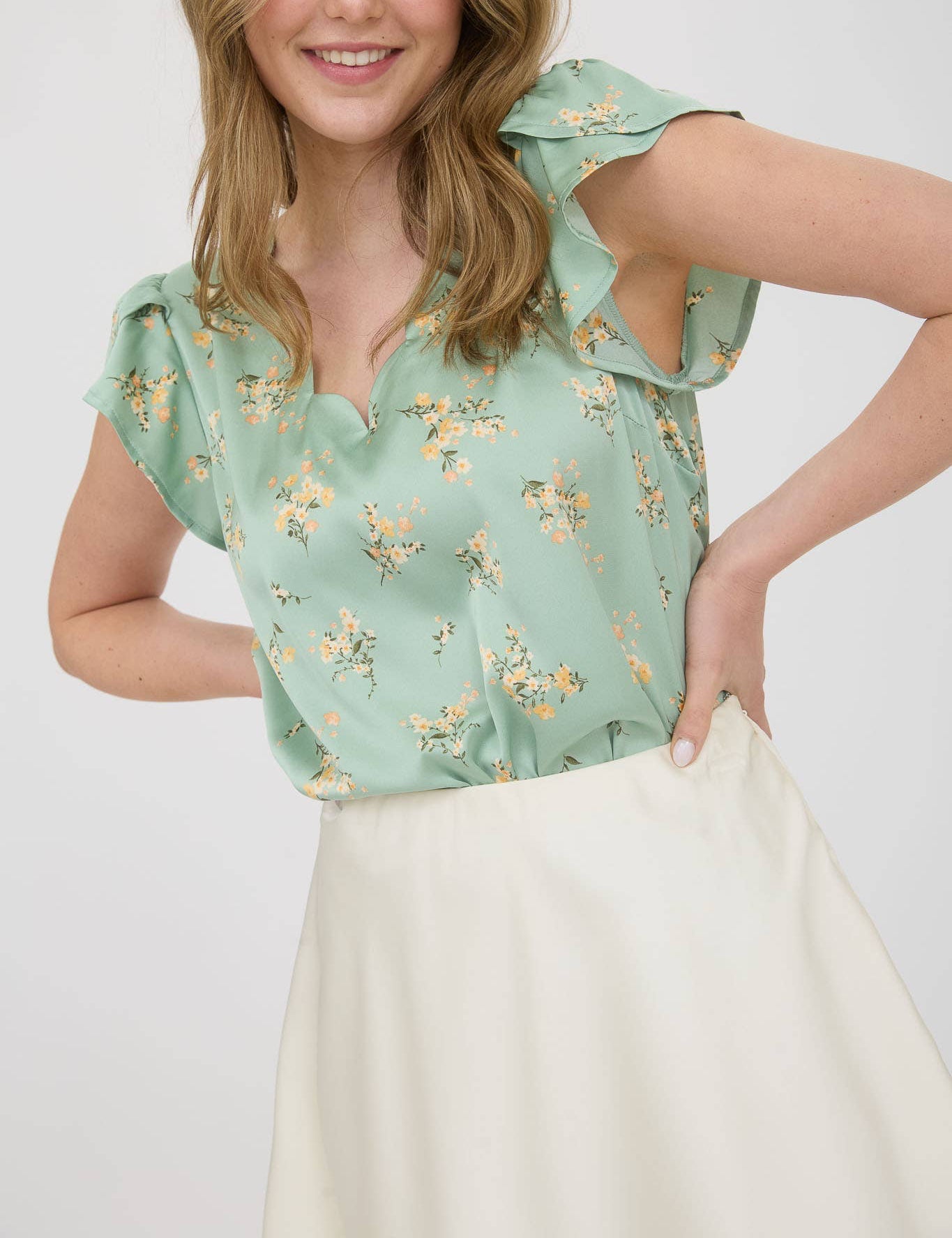 Floral Scallop V-Neck Blouse