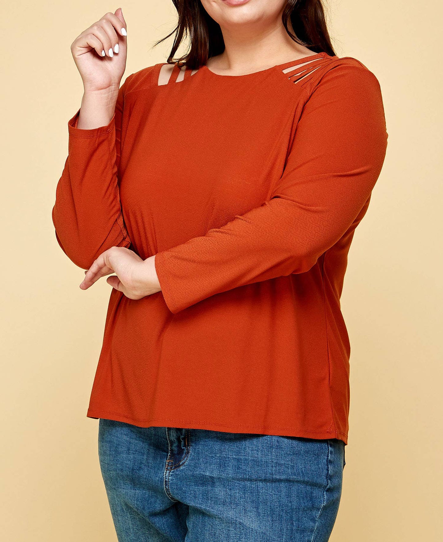 PLUS SIZE LONG SLEEVE BLACK CAGE SHOULDER TOP