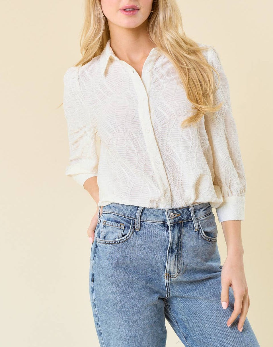 Textured 3/4 Sleeve Button-Down Blouse