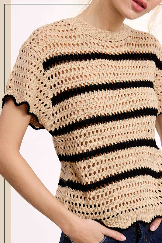 Round Neck Scalloped Edge Short Sleeve Sweater