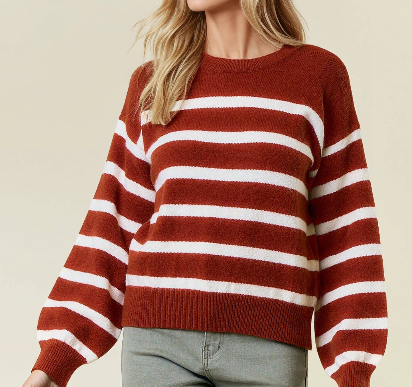 Long-Sleeve Crewneck Striped Knit Top