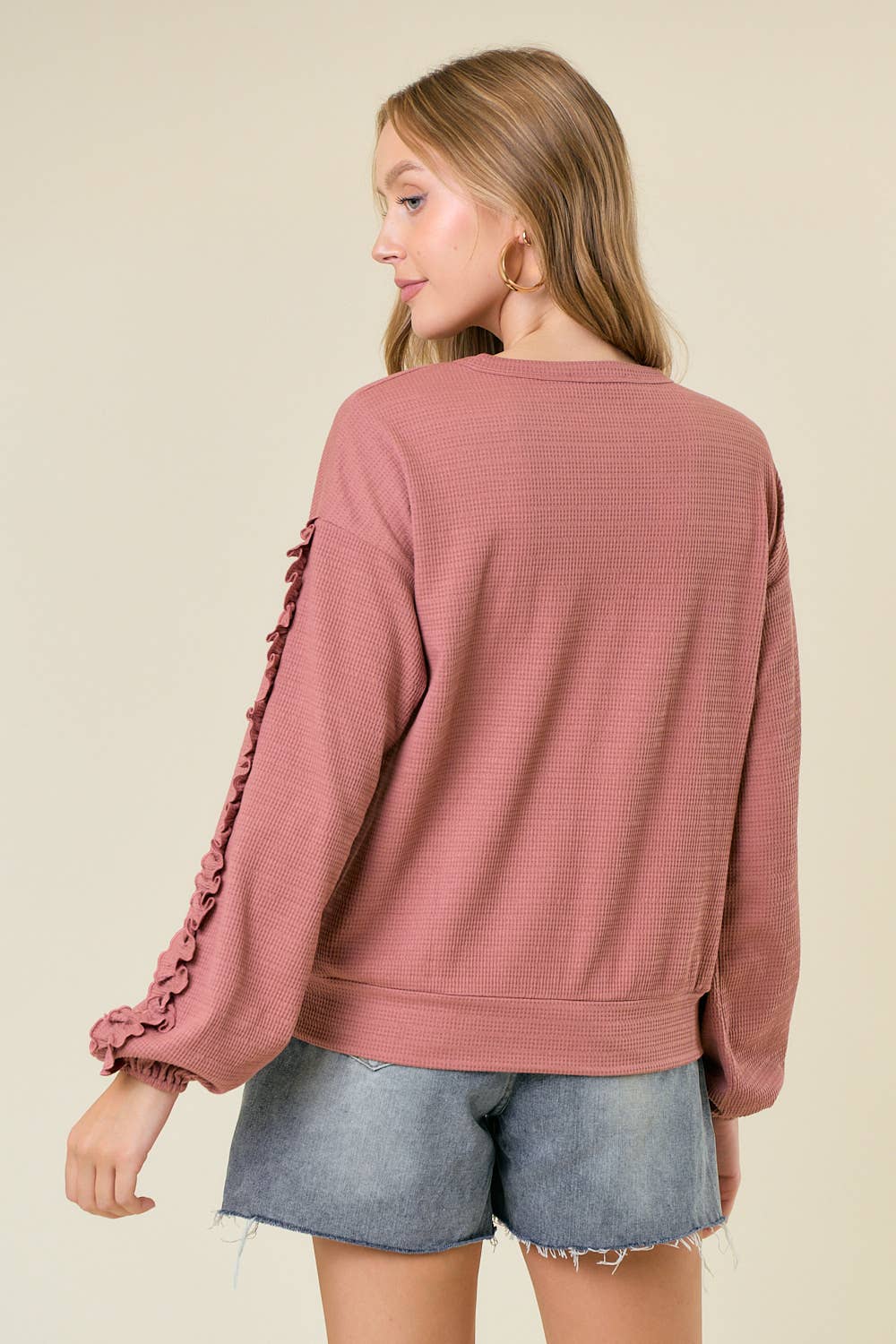 Textured Knit Ruffled Long Sleeve Top