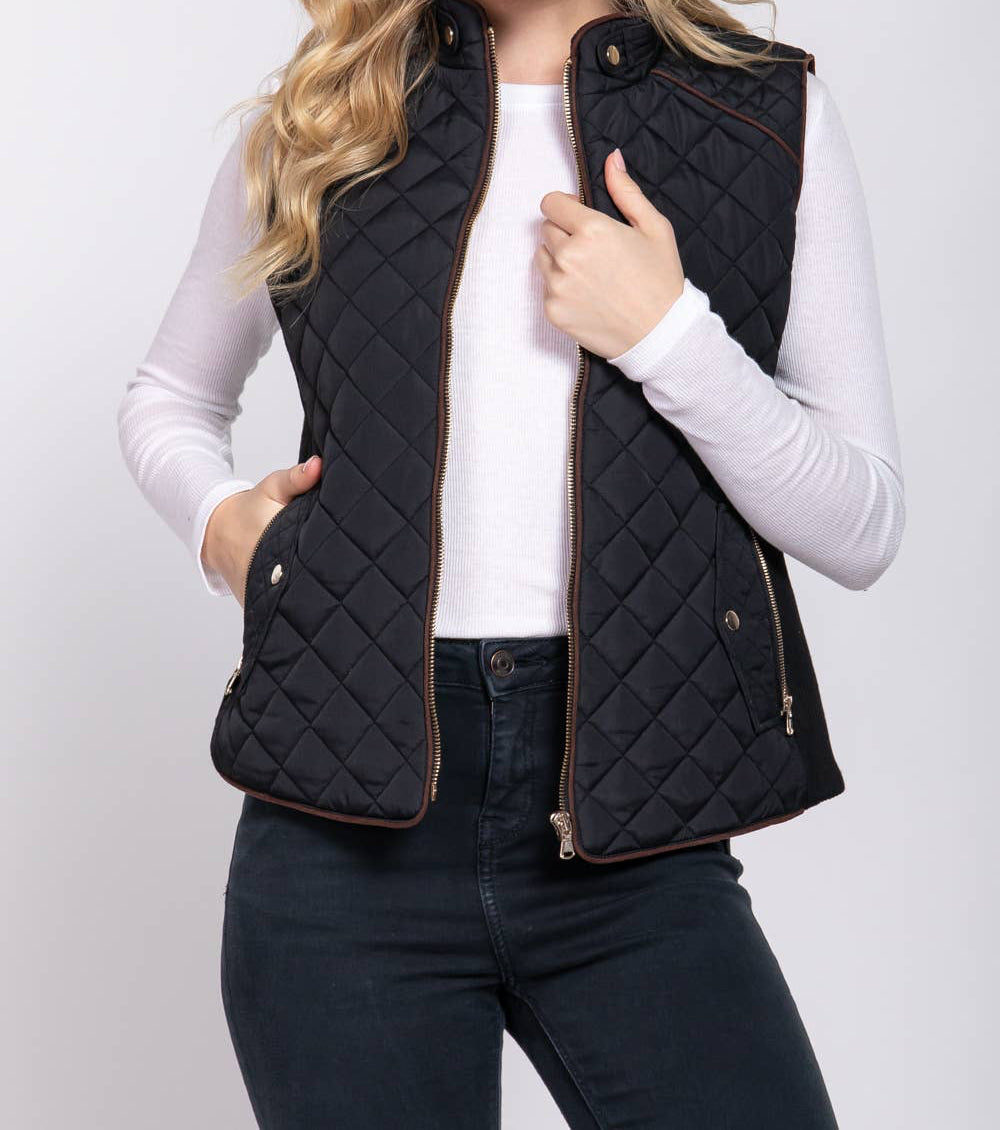 Suede Detail Rib Quilted Padding Vest
