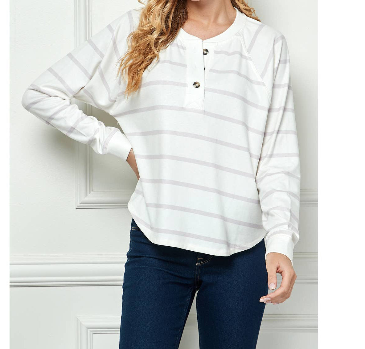 LONG SLEEVE STRIPED KNIT TOP WITH BUTTON KTP114536-E-SL