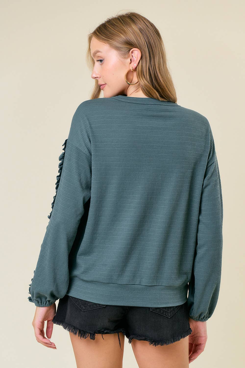 Textured Knit Ruffled Long Sleeve Top