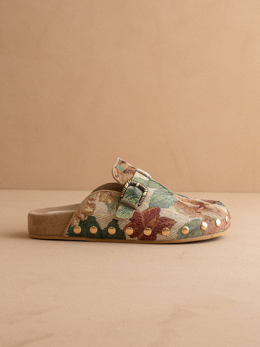Floral Tapestry Studded Buckle Clog