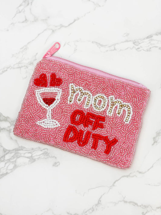 Mom Off Duty' Beaded Zip Pouch