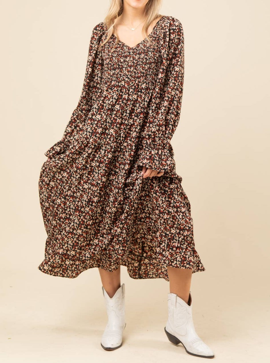 V-neck Floral Romantic Midi Dress